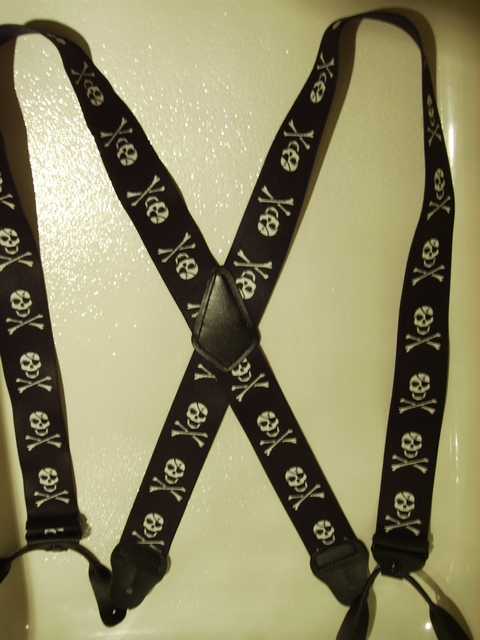 BUTTON-ON SKULLS Suspenders 2"X 54" long. Black with White. UA120N54SKUL